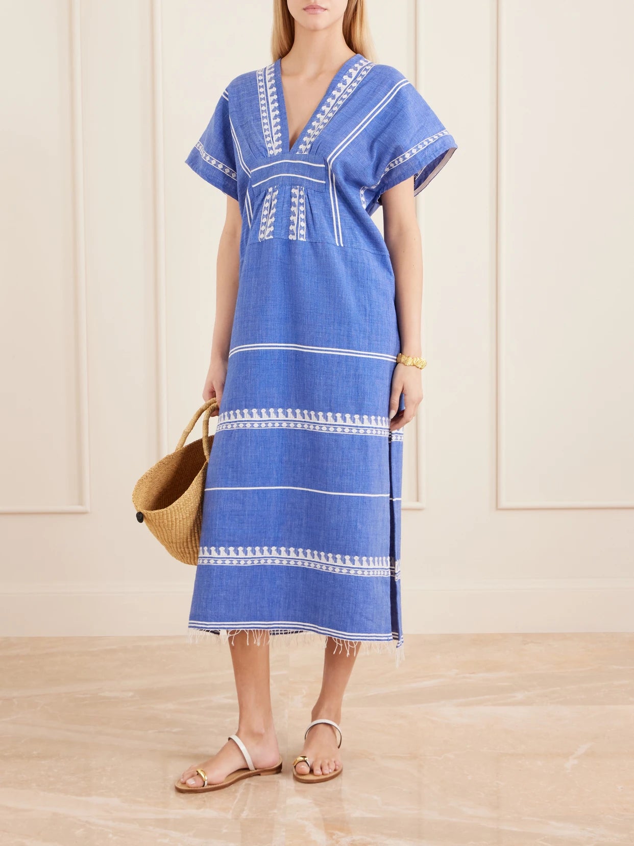 Image of Dresses. Product name - Gasira Embroidered Cotton Midi Dress in Blue colour by brand - lemlem