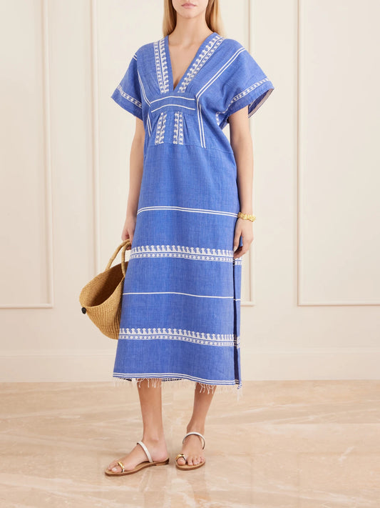 Image of Dresses. Product name - Gasira Embroidered Cotton Midi Dress in Blue colour by brand - lemlem