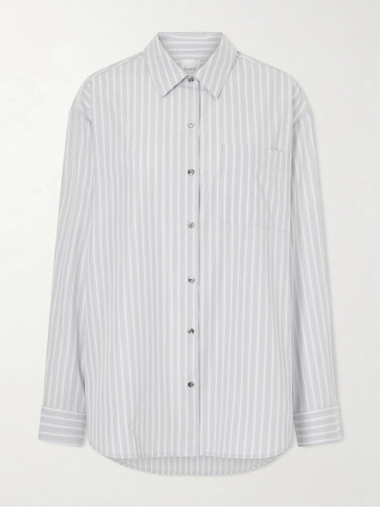 Image of a model wearing Tops. Product name - Yoshi Striped Cotton-blend Shirt in Light blue colour by brand - LESET