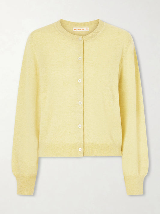 Image of a model wearing Outerwear. Product name - Enya Cashmere And Cotton-blend Cardigan in Pastel yellow colour by brand - &Daughter