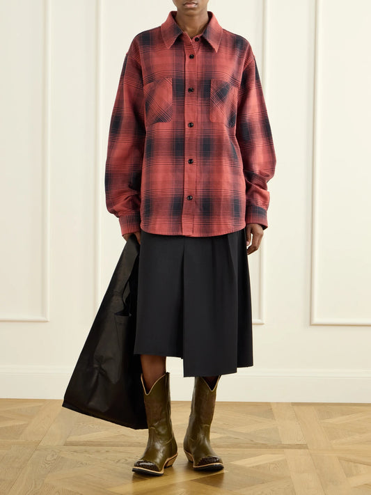 Image of a model wearing Tops. Product name - Whoppin Checked Cotton Shirt in Red colour by brand - Our Legacy