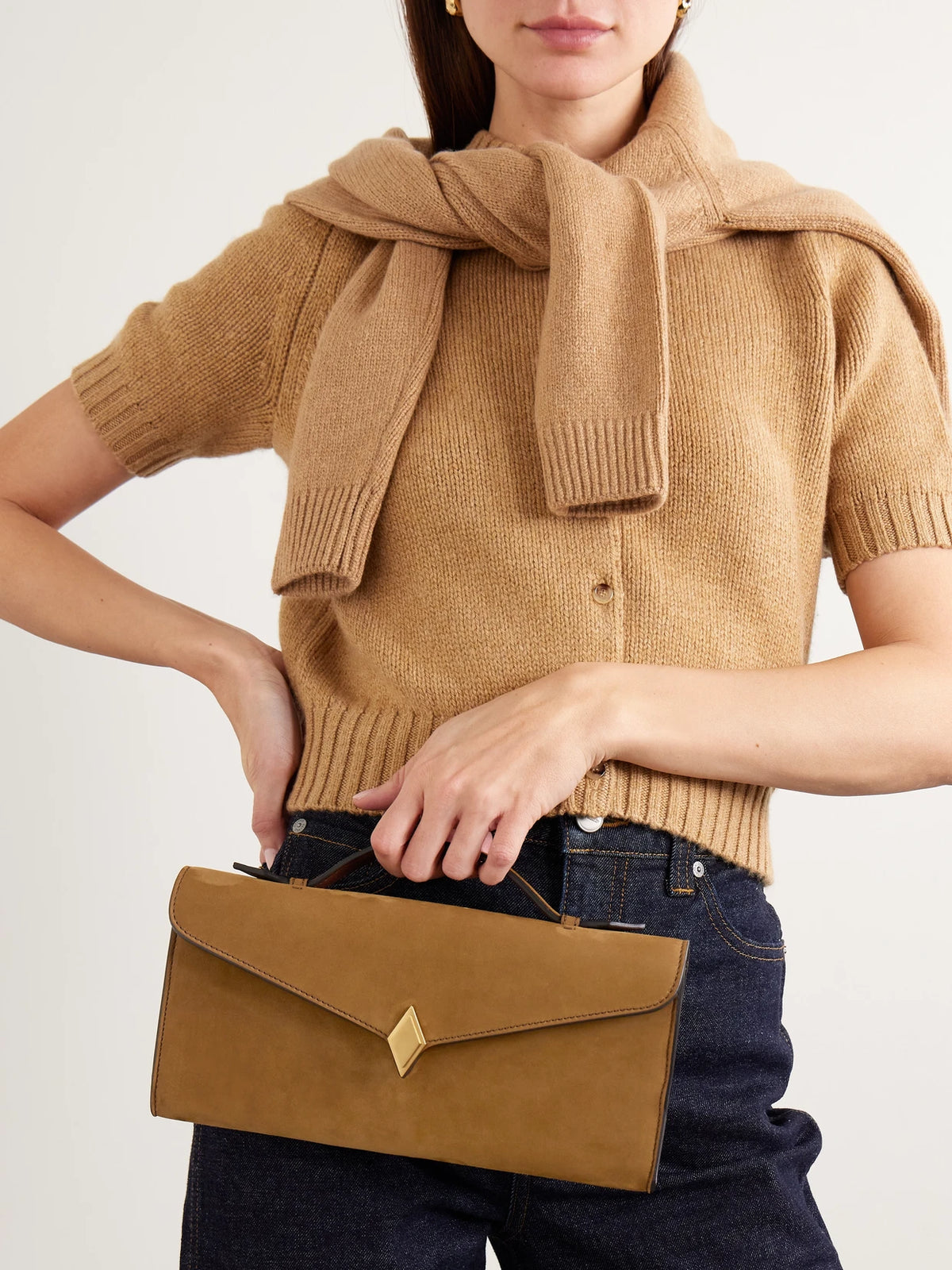Image of Bags. Product name - Edge Embellished Suede Clutch in Tan colour by brand - Métier