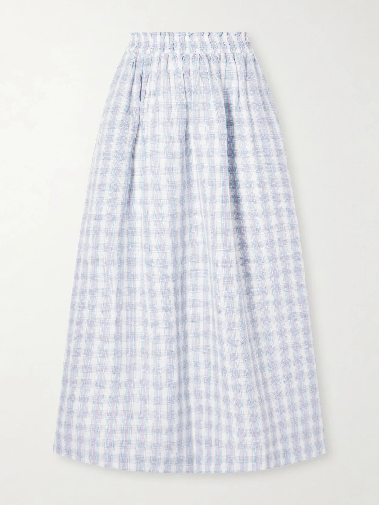 Image of a model wearing Skirts. Product name - Pleated Checked Linen Midi Skirt in Purple colour by brand - SKALL