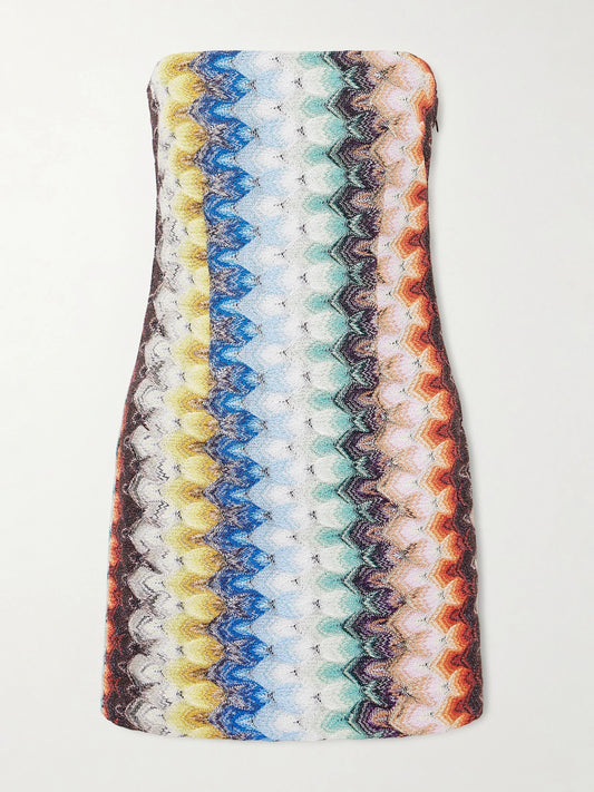 Strapless Striped Metallic Crochet-knit Mini Dress