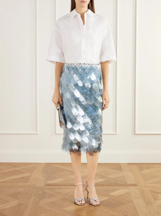 Image of a model wearing Skirts. Product name - Sequined Chainmail Midi Skirt in Blue, Orange colour by brand - RABANNE