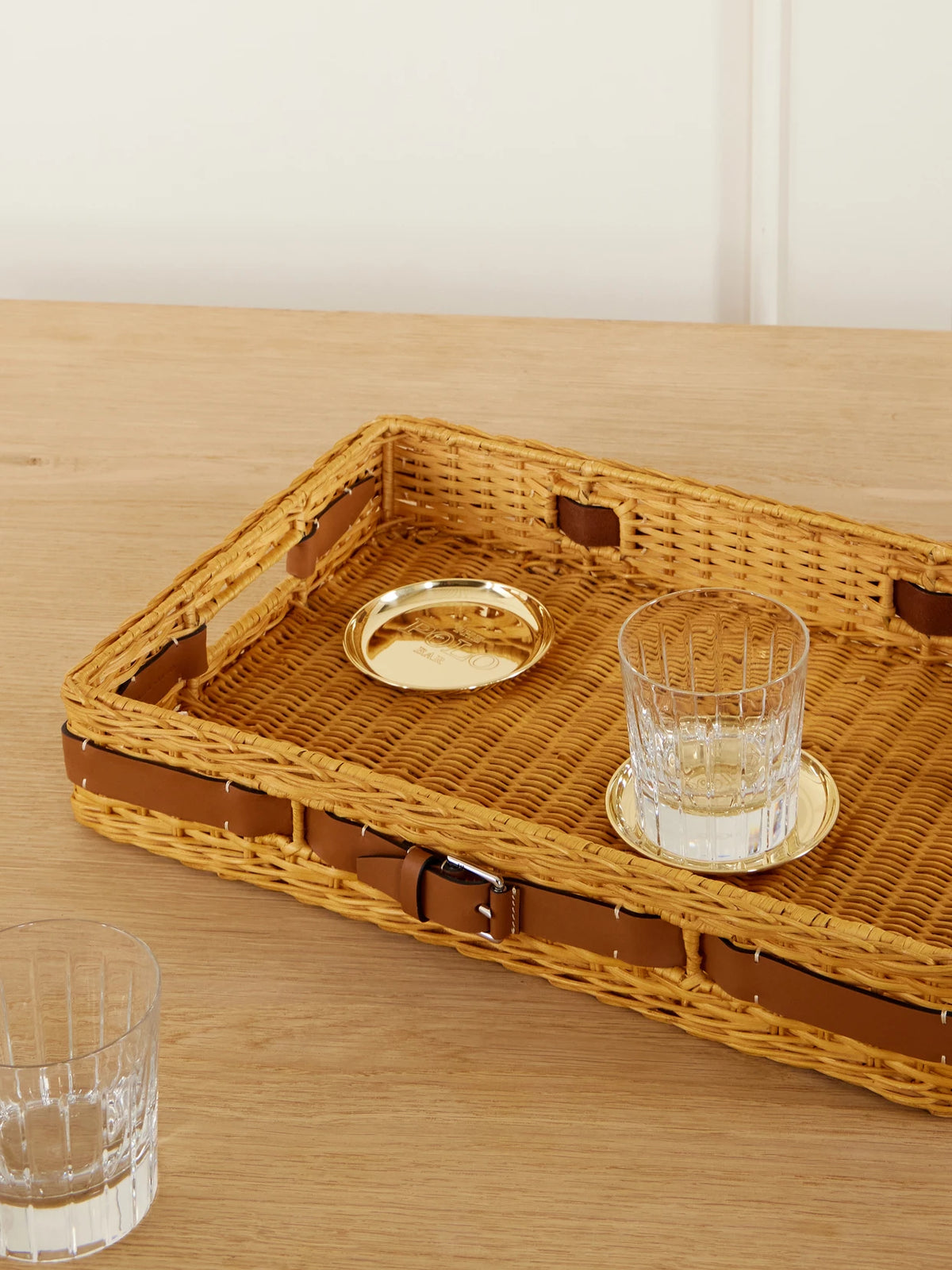 Image of Decor. Product name - Bailey Leather-trimmed Rattan Tray in Brown colour by brand - Ralph Lauren Home