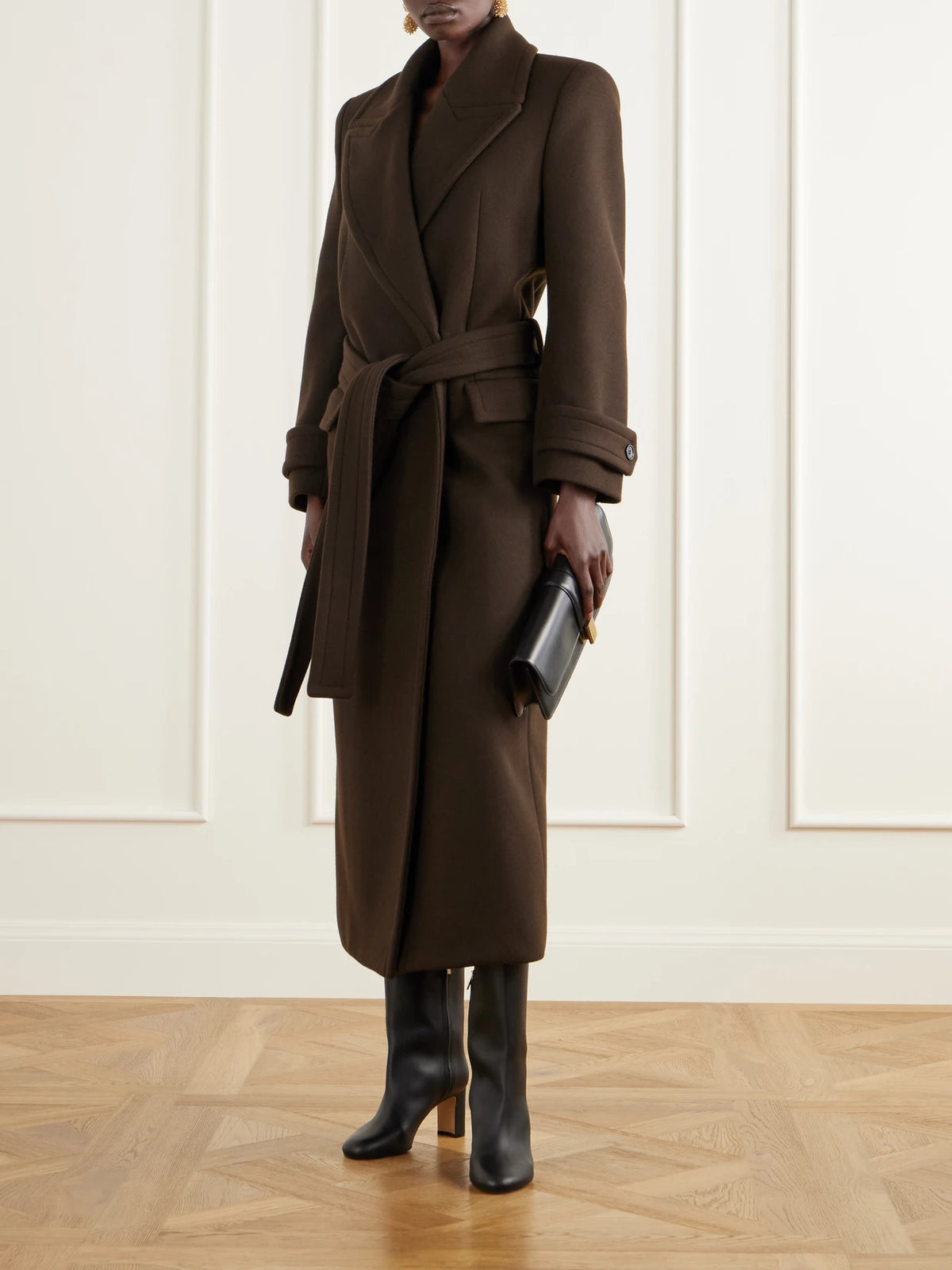 Image of Coats & Jackets. Product name - Belted Double-breasted Wool-felt Coat in Brown colour by brand - Balmain