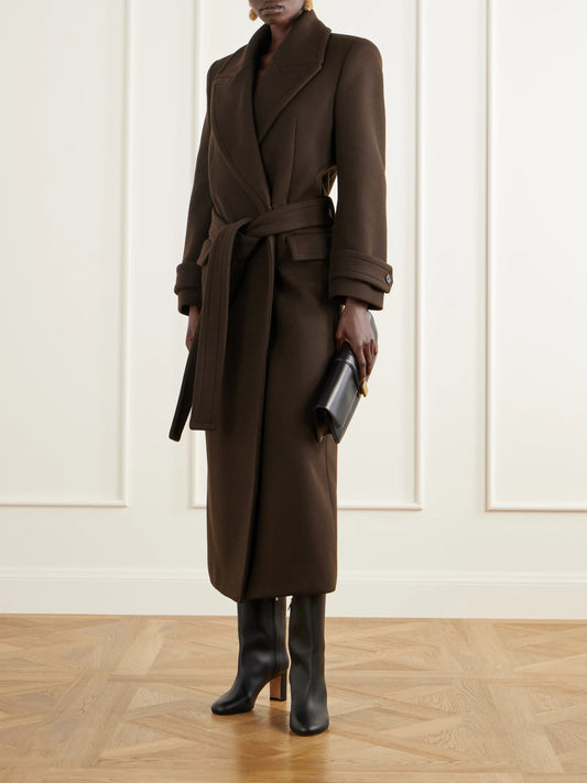 Image of Coats & Jackets. Product name - Belted Double-breasted Wool-felt Coat in Brown colour by brand - Balmain
