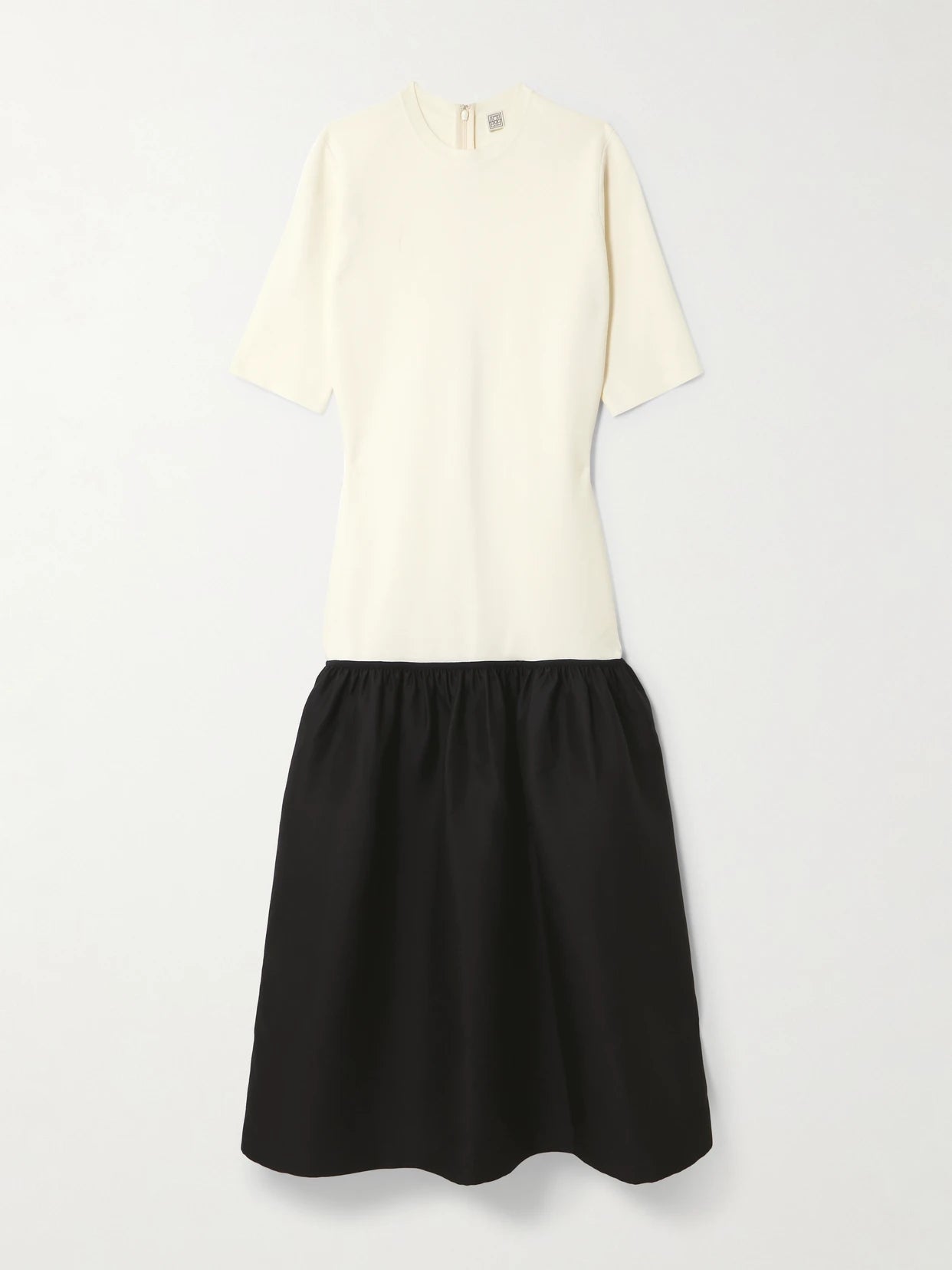 Image of Dresses. Product name - Twinflower Gathered Ribbed-knit And Wool And Silk-blend Crepe Midi Dress in Ecru colour by brand - TOTEME