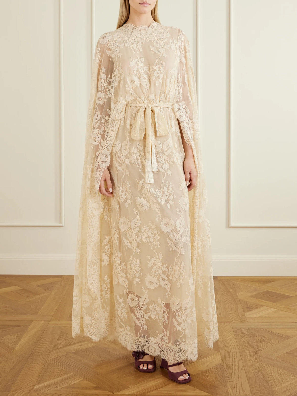 Image of Dresses. Product name - Valiant Belted Cape-effect Lace Maxi Dress in Cream colour by brand - Zimmermann
