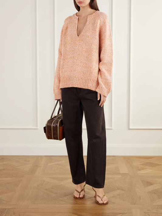 Image of a model wearing Outerwear. Product name - Melange Alpaca And Wool-blend Sweater in Orange colour by brand - Sanderlak