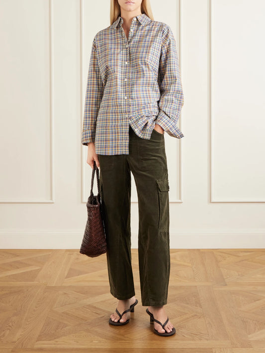 Image of a model wearing Pants. Product name - Thassos Twsited Seam Utility Corduroy Cotton-blend Mid-rise Wide-leg Cargo Pants in Army green colour by brand - Citizens of Humanity