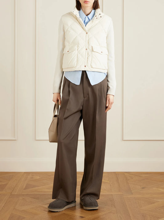 Image of a model wearing Outerwear. Product name - Cropped Knitted And Padded Quilted Shell Down Cardigan in White colour by brand - Moncler