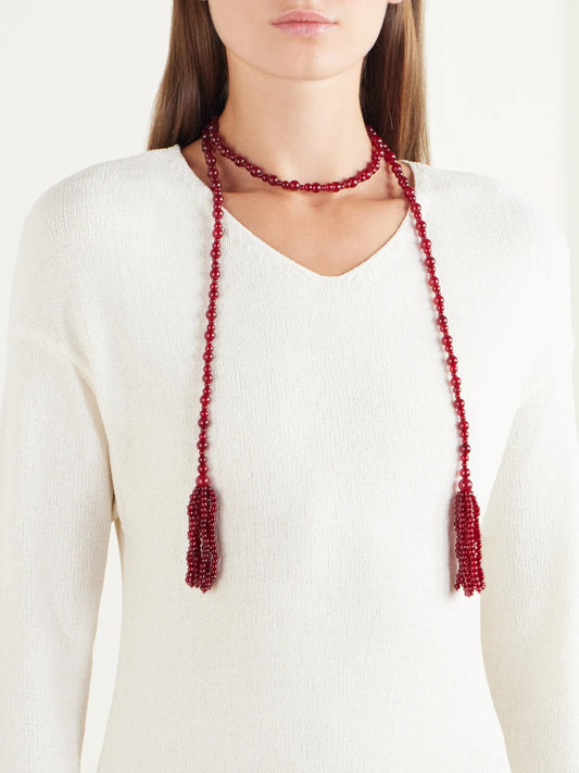 Image of Necklaces. Product name - Ellie Tasseled Beaded Necklace in Red colour by brand - Jennifer Behr