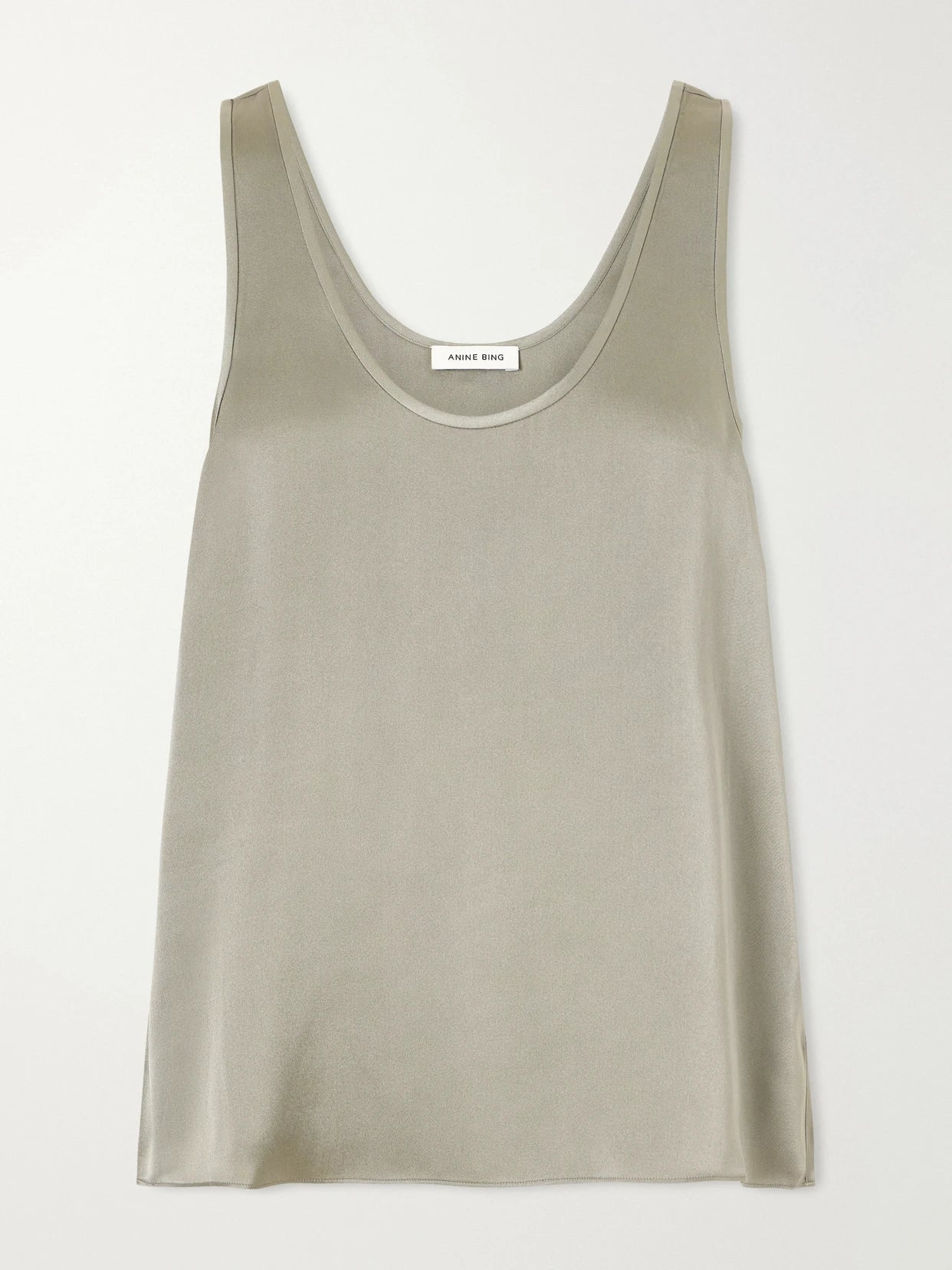 Image of a model wearing Tops. Product name - Lea Silk Tank in Gray green colour by brand - Anine Bing