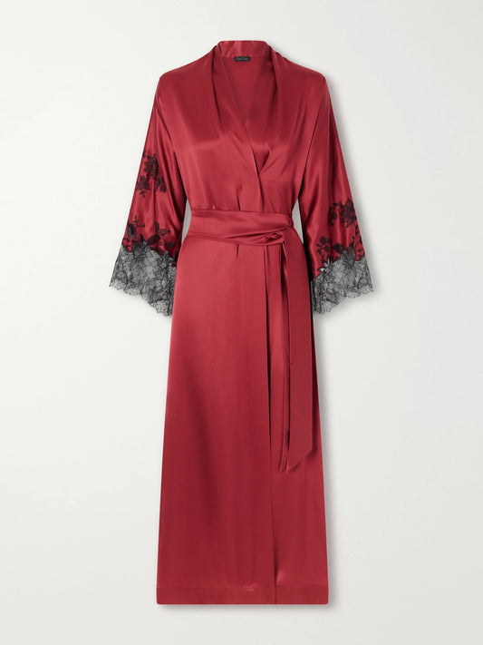 Carine Gilson Belted Lace-embroidered Silk-satin Robe