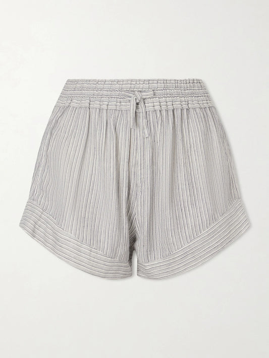 Image of a model wearing Shorts. Product name - Thaliany Striped Cotton Drawstring Shorts in Gray colour by brand - MARANT ÉTOILE