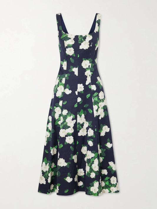 Image of Dresses. Product name - Floral-print Faille Midi Dress in Navy colour by brand - Carolina Herrera