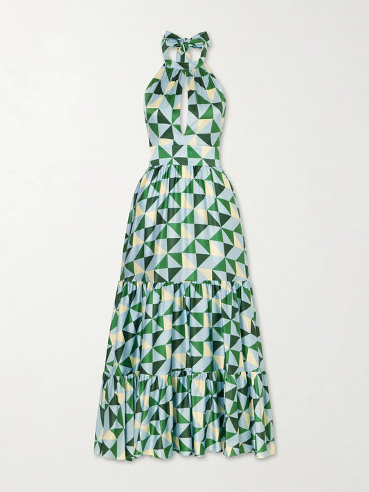 Image of Dresses. Product name - Anna Printed Silk-blend Satin Halterneck Maxi Dress in Green colour by brand - Cristiano Marcheli
