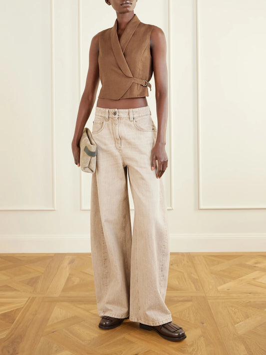 Image of Coats & Jackets. Product name - Linen-twill Wrap Vest in Brown colour by brand - Brunello Cucinelli