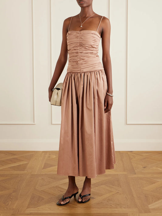Image of Dresses. Product name - Amina Gathered Organic Cotton Dress in Beige colour by brand - TOVE