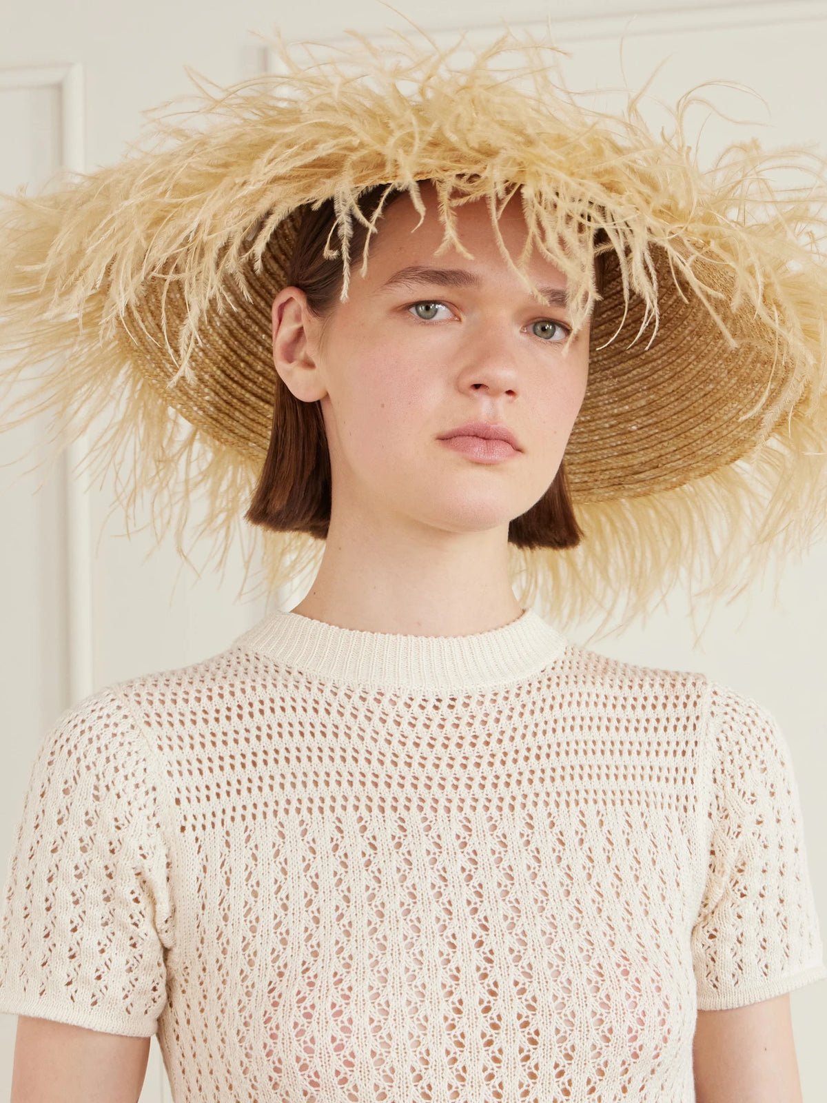 Image of Hats. Product name - Harriet Feather-trimmed Woven Raffia Sunhat in Sand colour by brand - Gigi Burris