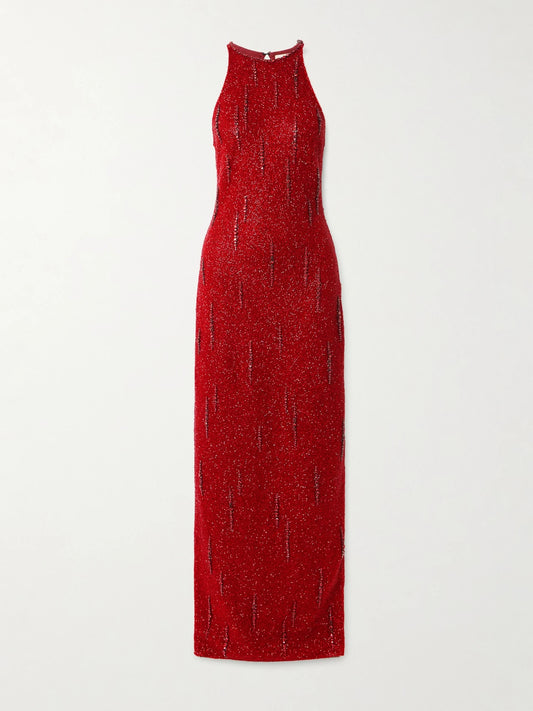 Image of Dresses. Product name - Mimosa Embellished Stretch-mesh Gown in Burgundy colour by brand - Clio Peppiatt