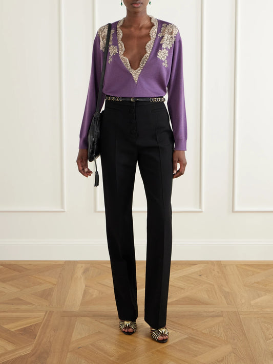 Image of a model wearing Outerwear. Product name - Lace-trimmed Virgin Wool Sweater in Purple colour by brand - Valentino Garavani