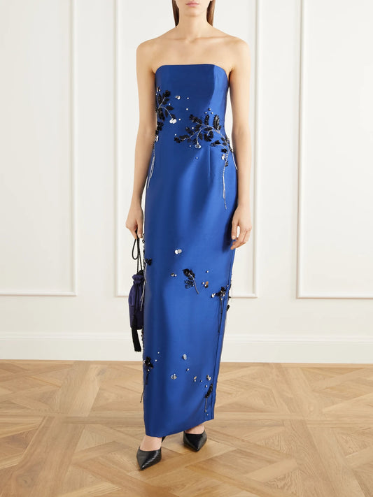 Image of Dresses. Product name - Zirell Sequin-embellished Mikado Gown in Navy colour by brand - SIMKHAI