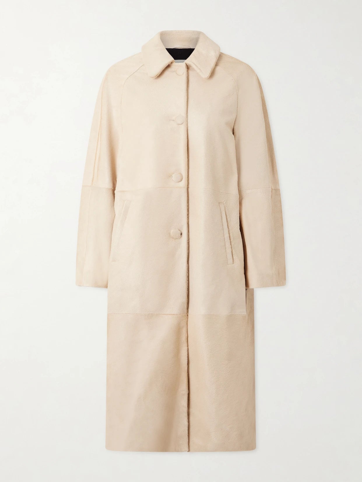 Image of Coats & Jackets. Product name - Paneled Calf Hair Coat in Cream colour by brand - Nour Hammour