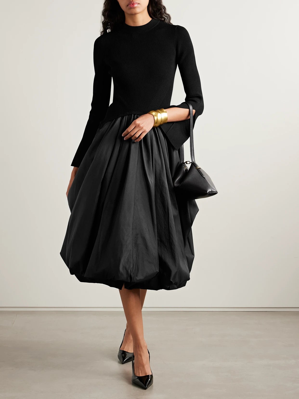 Image of Dresses. Product name - Kenlie Ribbed-knit And Taffeta Midi Dress in Black colour by brand - SIMKHAI