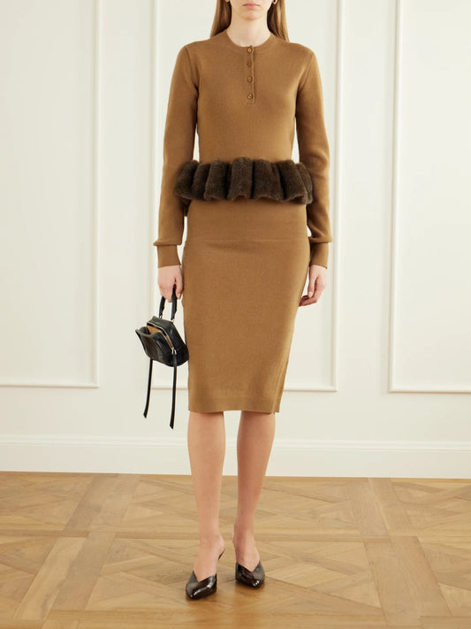 Image of a model wearing Skirts. Product name - Wool Midi Skirt in Camel, Dark gray colour by brand - Stella McCartney