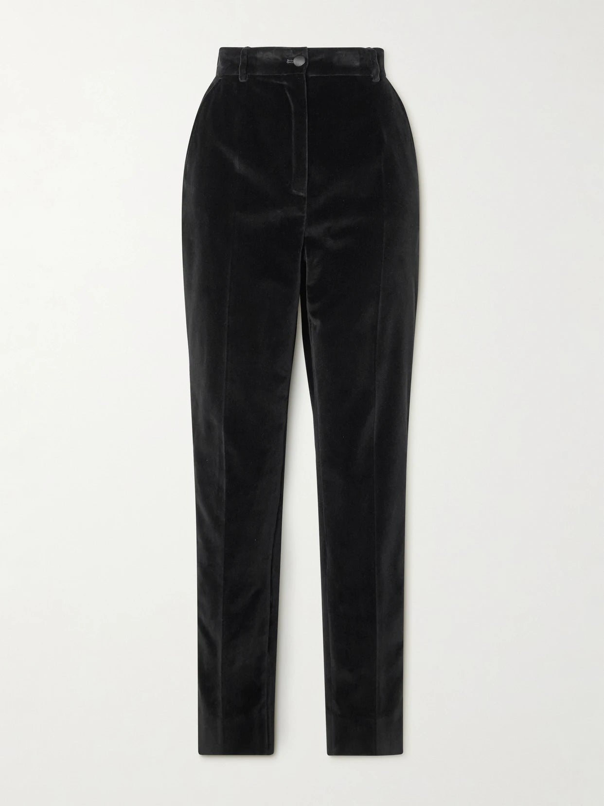 Image of a model wearing Pants. Product name - Satin-trimmed Cotton-blend Velvet Slim-leg Pants in Black colour by brand - Dolce & Gabbana