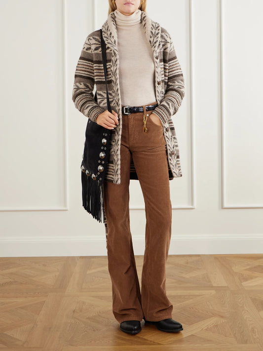 Image of a model wearing Outerwear. Product name - Rory Belted Alpaca-blend Cardigan in Tan colour by brand - RRL