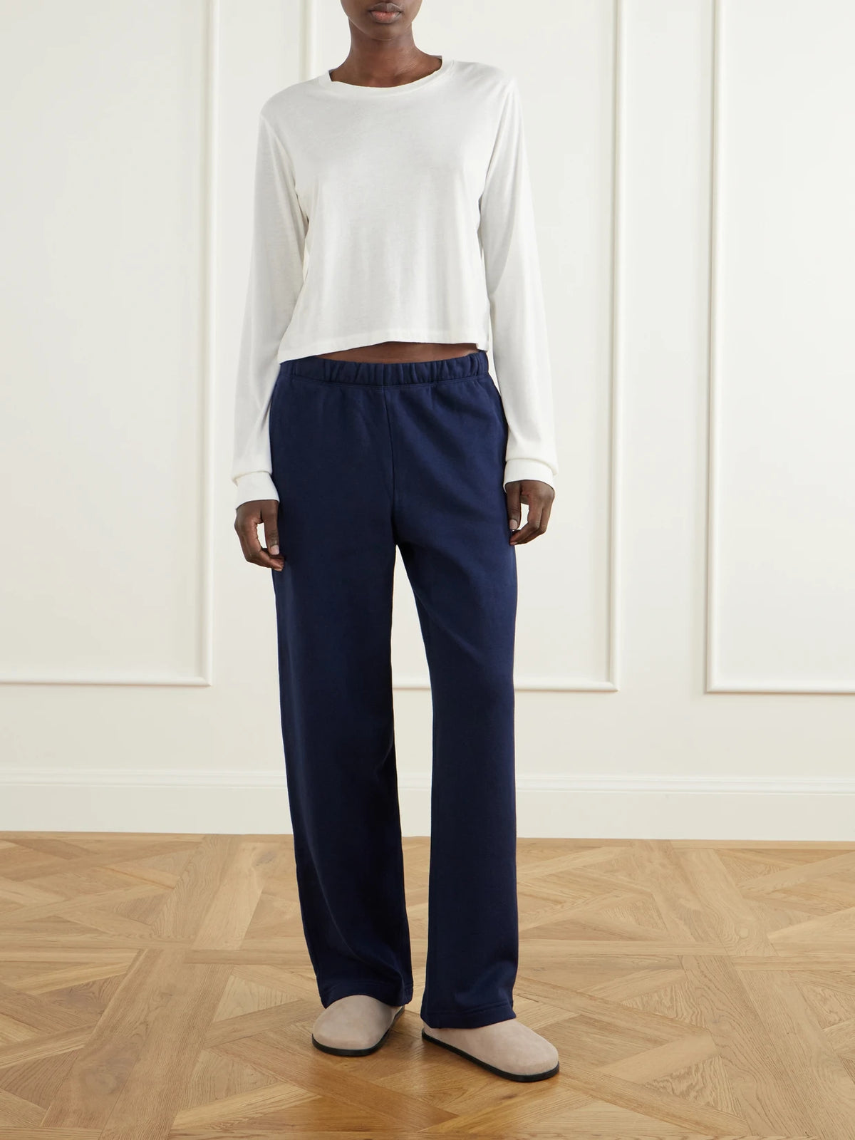 Image of Sleepwear & Loungewear. Product name - Drawsting Cotton-blend Jersey Straight-leg Pants in Navy colour by brand - SKIMS
