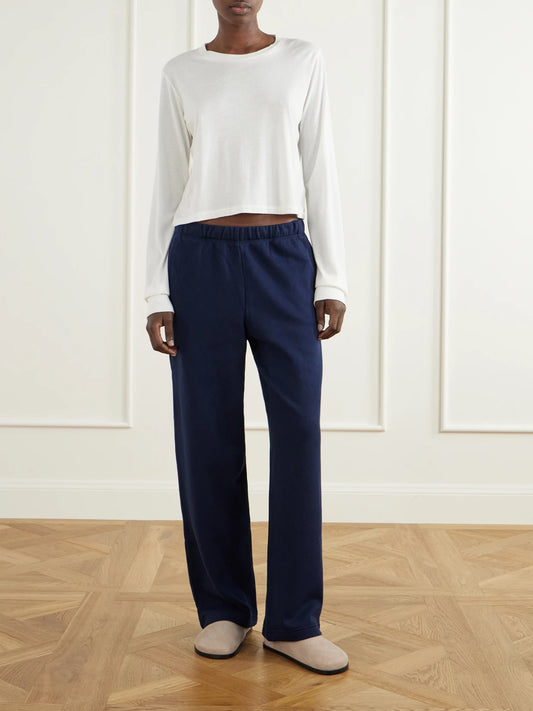 Image of Sleepwear & Loungewear. Product name - Drawsting Cotton-blend Jersey Straight-leg Pants in Navy colour by brand - SKIMS