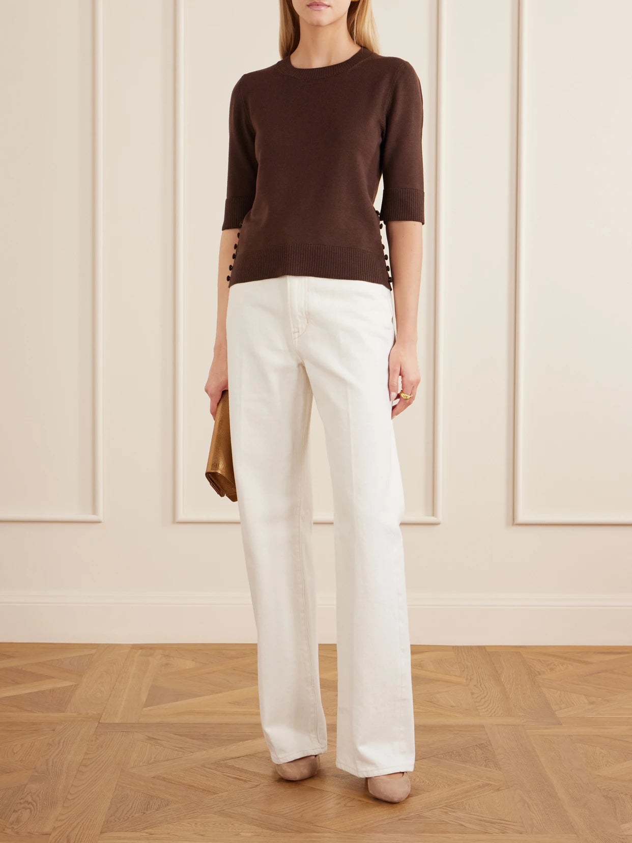 Image of a model wearing Outerwear. Product name - Button-detailed Wool Sweater in Brown colour by brand - Oscar de la Renta