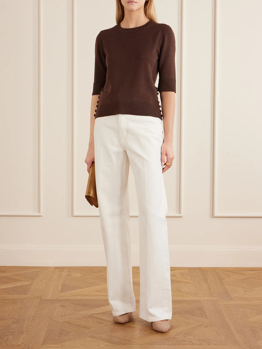 Image of a model wearing Outerwear. Product name - Button-detailed Wool Sweater in Brown colour by brand - Oscar de la Renta