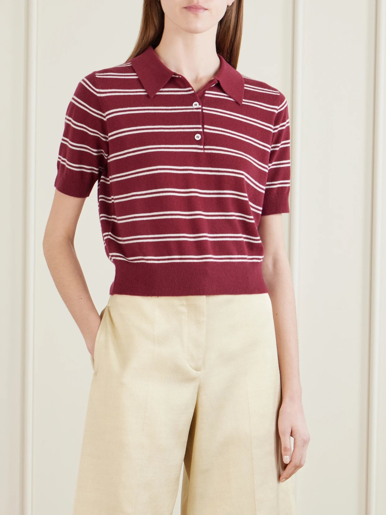 Octavia Cropped Striped Cashmere Polo Shirt