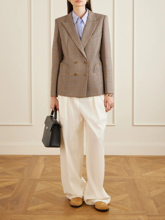 Image of Coats & Jackets. Product name - Saona Charmer Double-breasted Checked Virgin Wool Blazer in Beige colour by brand - BLAZÉ Milano
