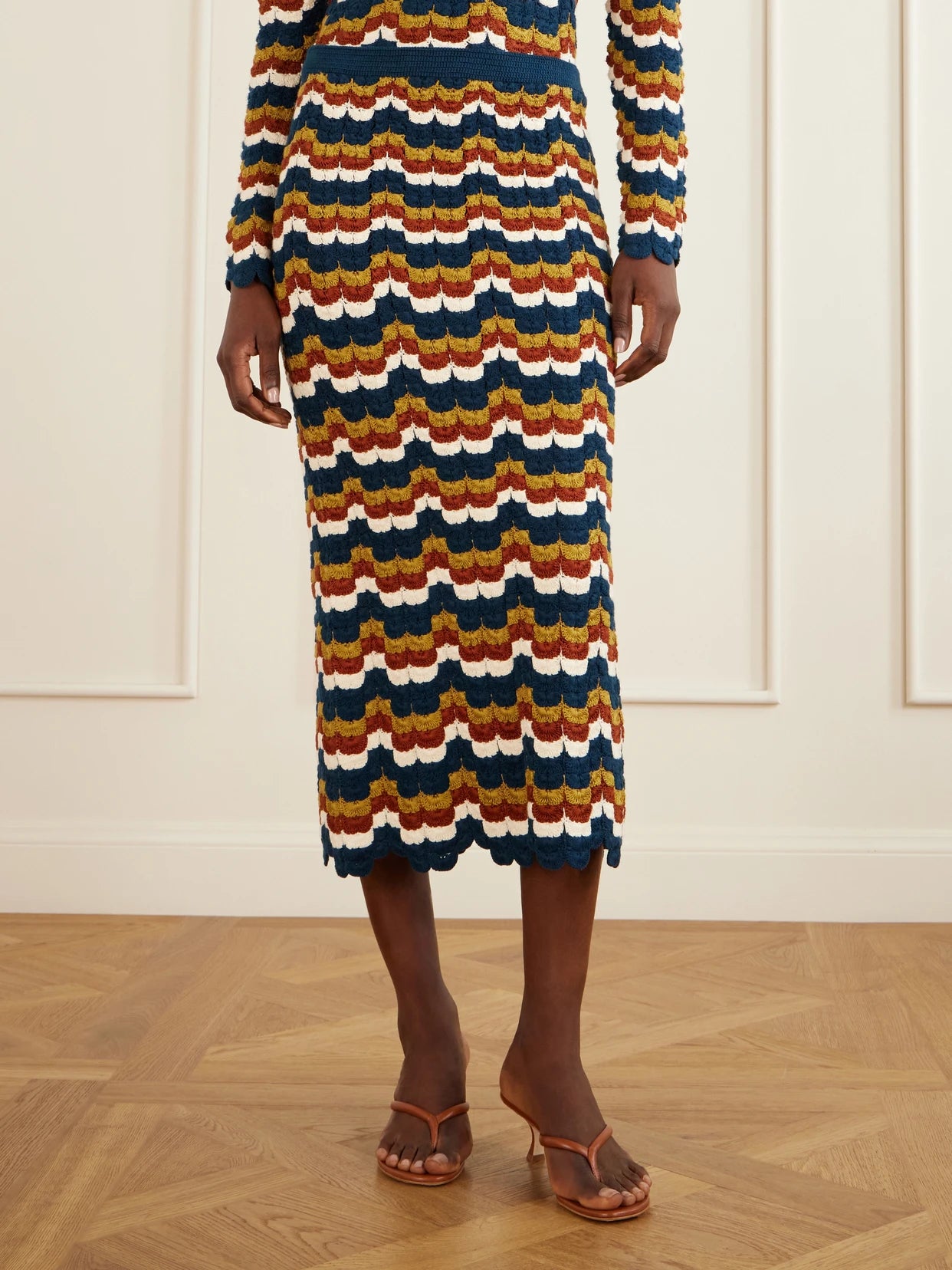 Lucero Striped Crocheted Cotton Midi Skirt