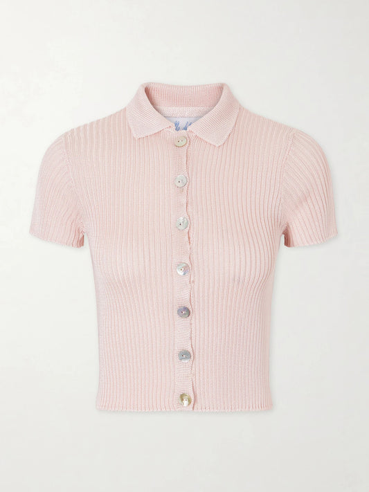 Image of a model wearing Outerwear. Product name - Ribbed-knit Cardigan in Pastel pink colour by brand - Calle Del Mar