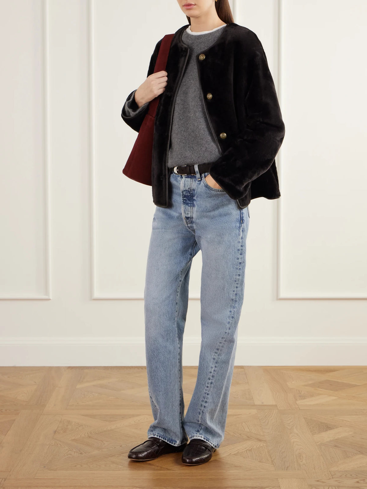 Image of Coats & Jackets. Product name - Gloria Reversible Shearling And Leather Jacket in Dark brown colour by brand - ARMA