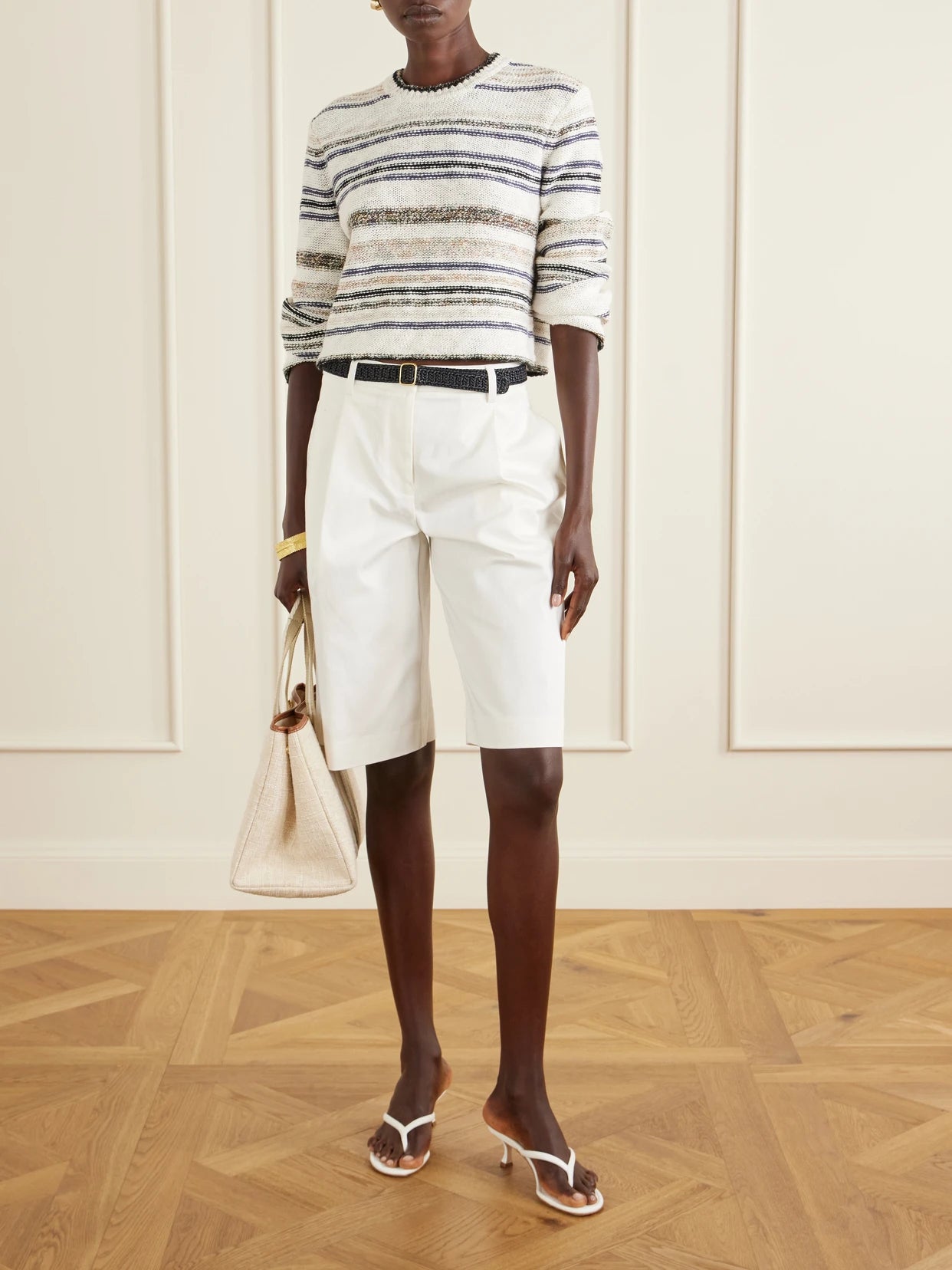 Image of a model wearing Outerwear. Product name - Striped Knitted Cotton-blend Sweater in Multi colour by brand - James Perse
