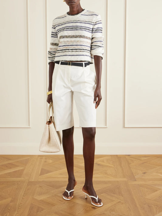 Image of a model wearing Outerwear. Product name - Striped Knitted Cotton-blend Sweater in Multi colour by brand - James Perse