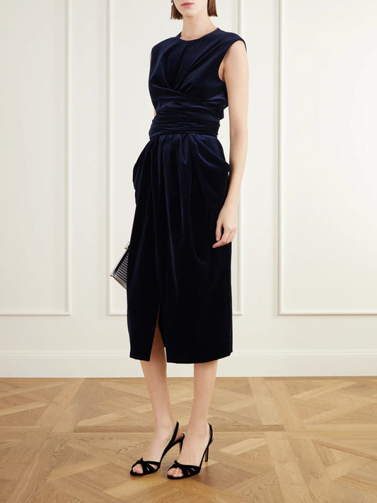 Image of Dresses. Product name - Tippi Gathered Cotton-blend Velvet Midi Dress in Navy colour by brand - Altuzarra