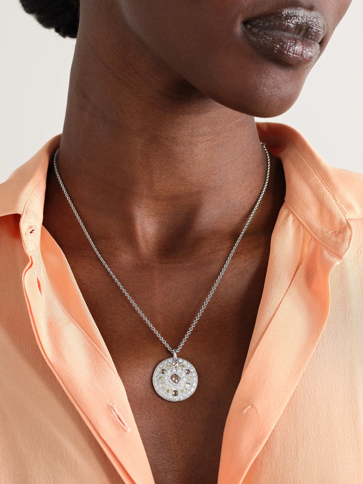 Image of Necklaces. Product name - Talisman Medal 18-karat White Gold Diamond Necklace in Silver colour by brand - De Beers London