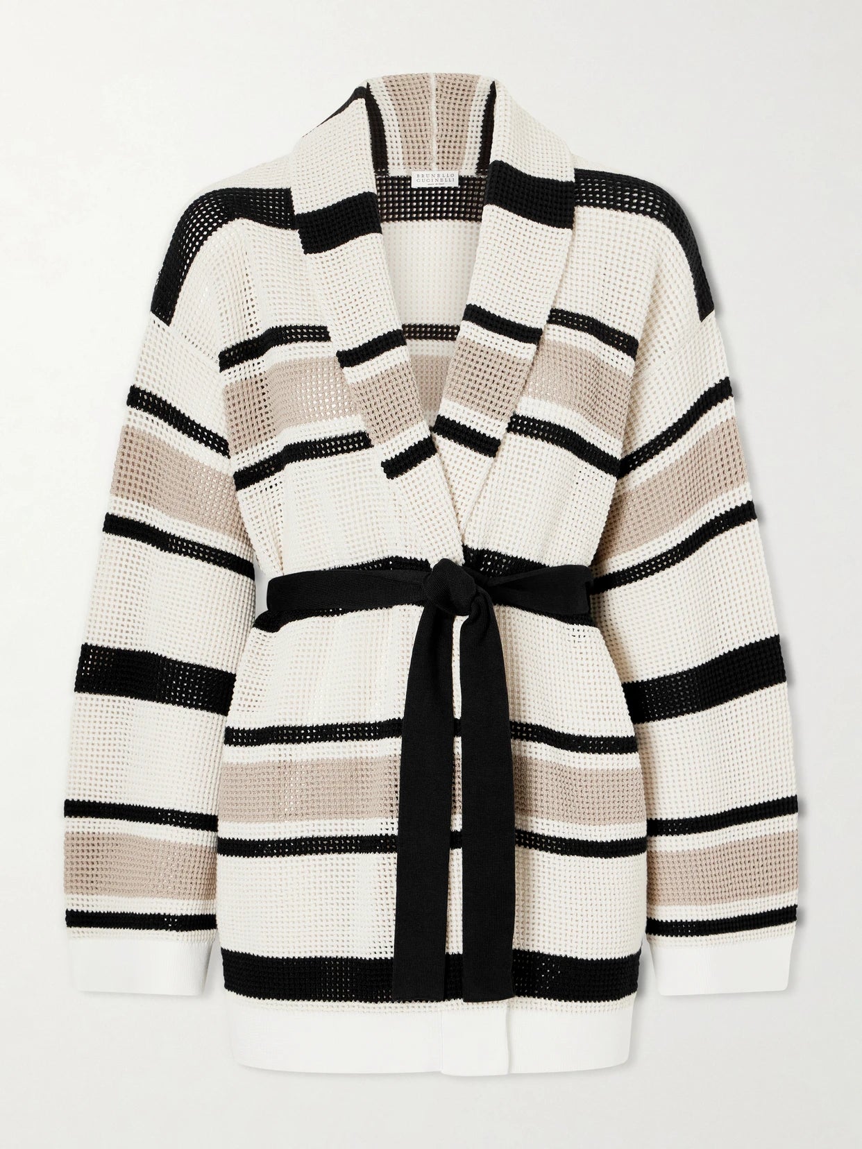 Belted Open-knit Striped Cotton Cardigan