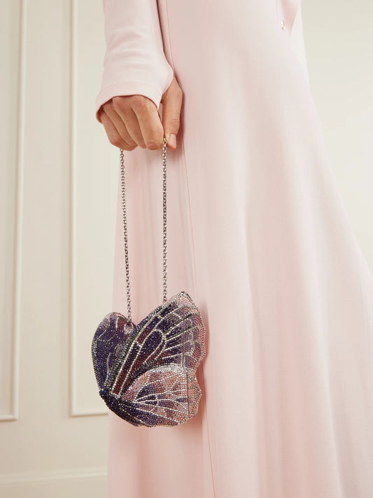 Image of Bags. Product name - Butterfly Crystal-embellished Silver-tone Clutch in Purple colour by brand - Judith Leiber Couture