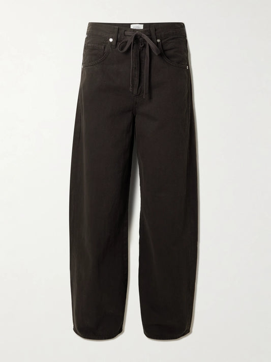 Image of Jeans. Product name - Brynn Drawstring Mid-rise Wide-leg Jeans in Chocolate colour by brand - Citizens of Humanity